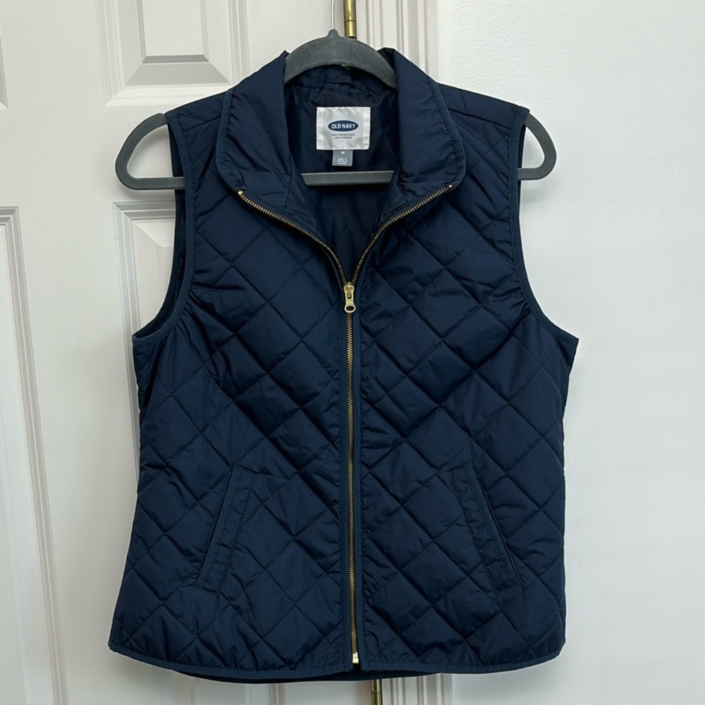 Old Navy Navy Quilted Vest with Gold Accents